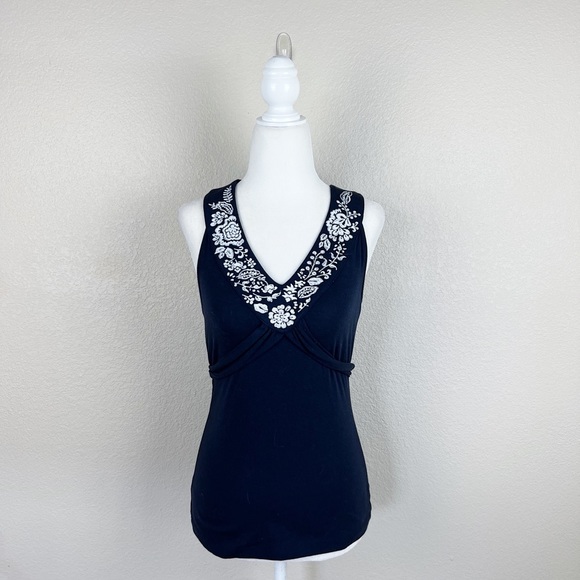 Ann Taylor LOFT Navy Embroidered Wrap Top - Picture 2 of 7